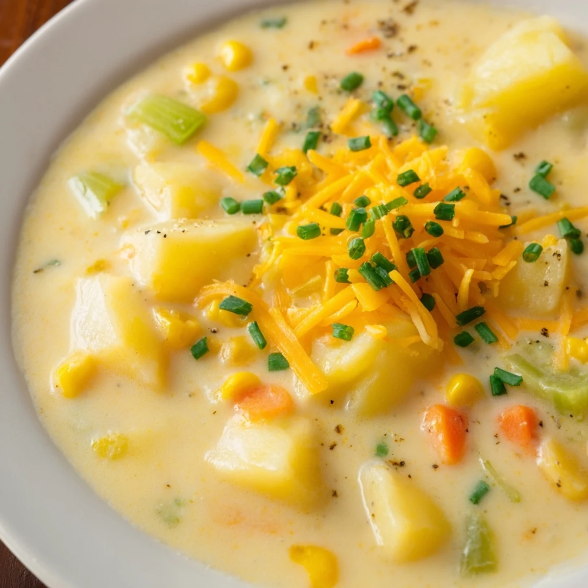 Un bol fumant de Creamy Corn Chowder with Potatoes, garni de fines herbes et de pommes de terre dorées.