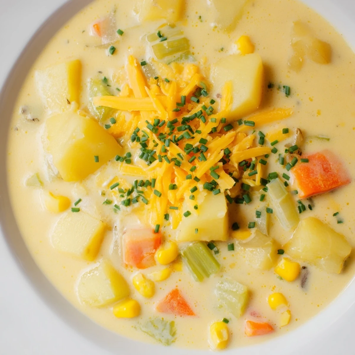 Ladle of Creamy Corn Chowder with Potatoes into a rustic bowl, topped with fresh chives and melted cheese.