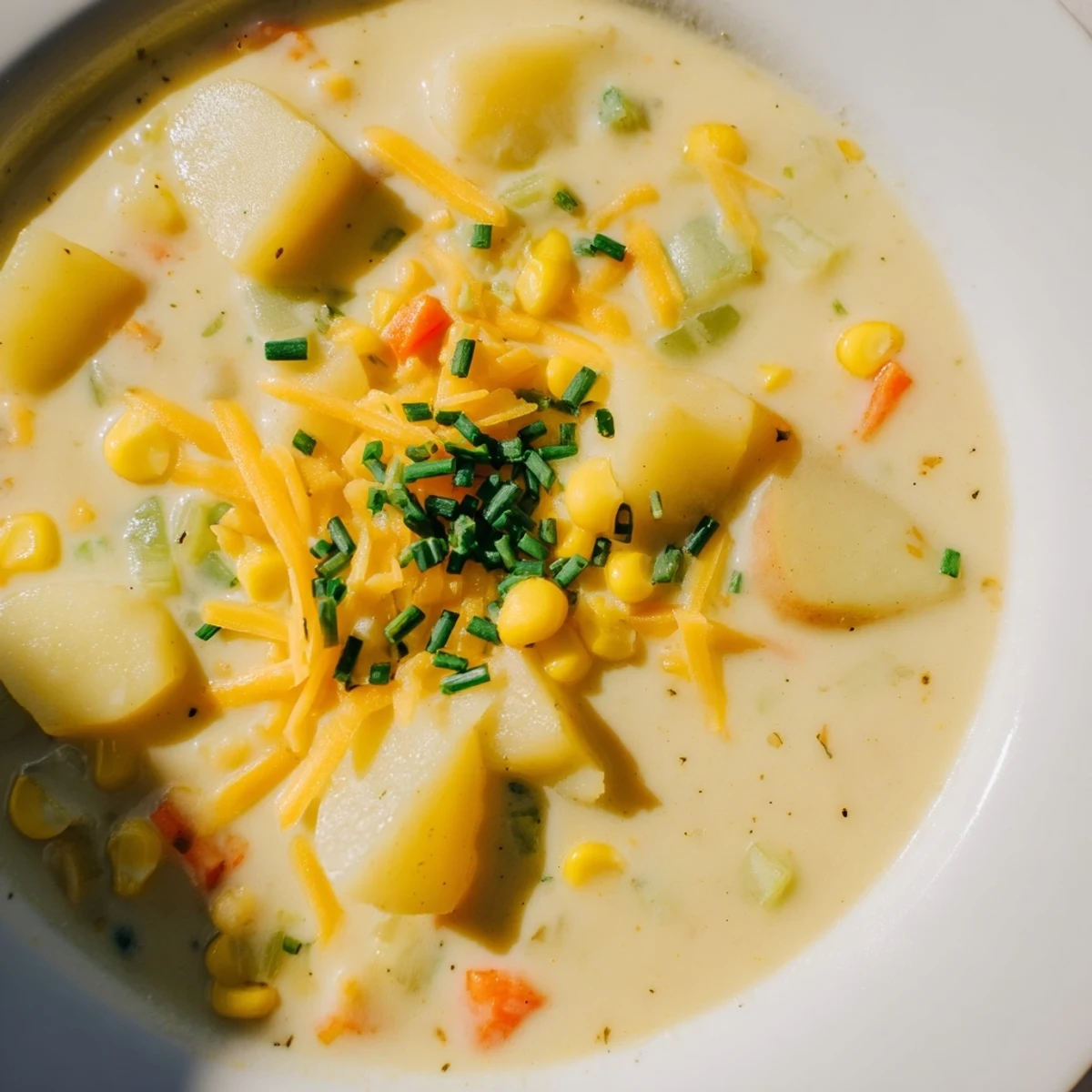 Détails sensoriels du Creamy Corn Chowder with Potatoes, épeautre fumé et texture veloutée pour un repas réconfortant.