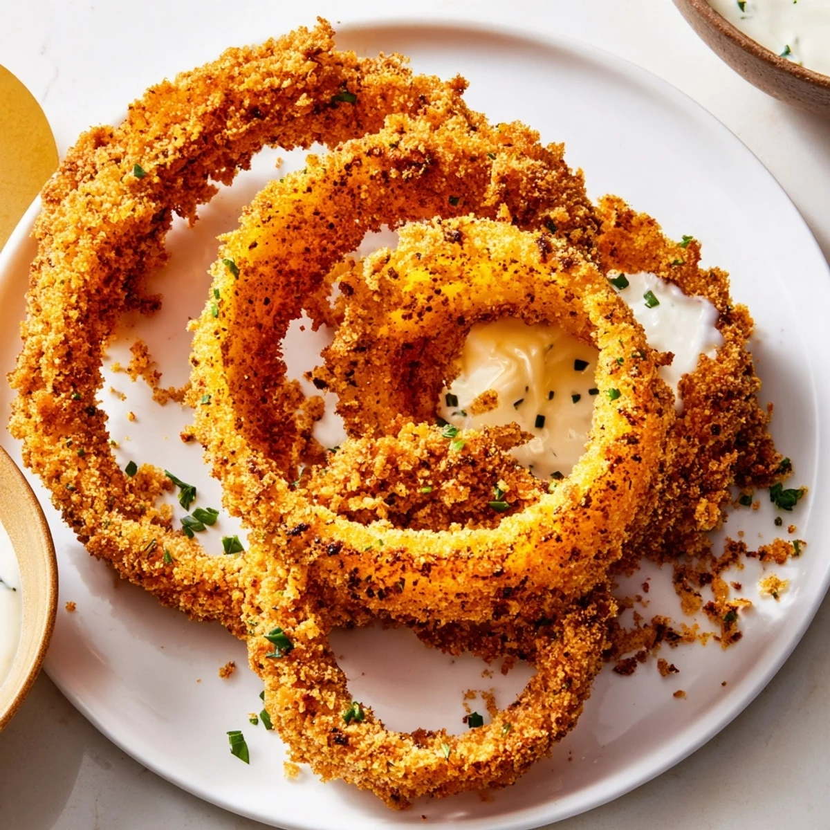 Platter of Crispy Baked Onion Rings with Ranch, ready to serve, featuring crisp texture and cool dip beside them.