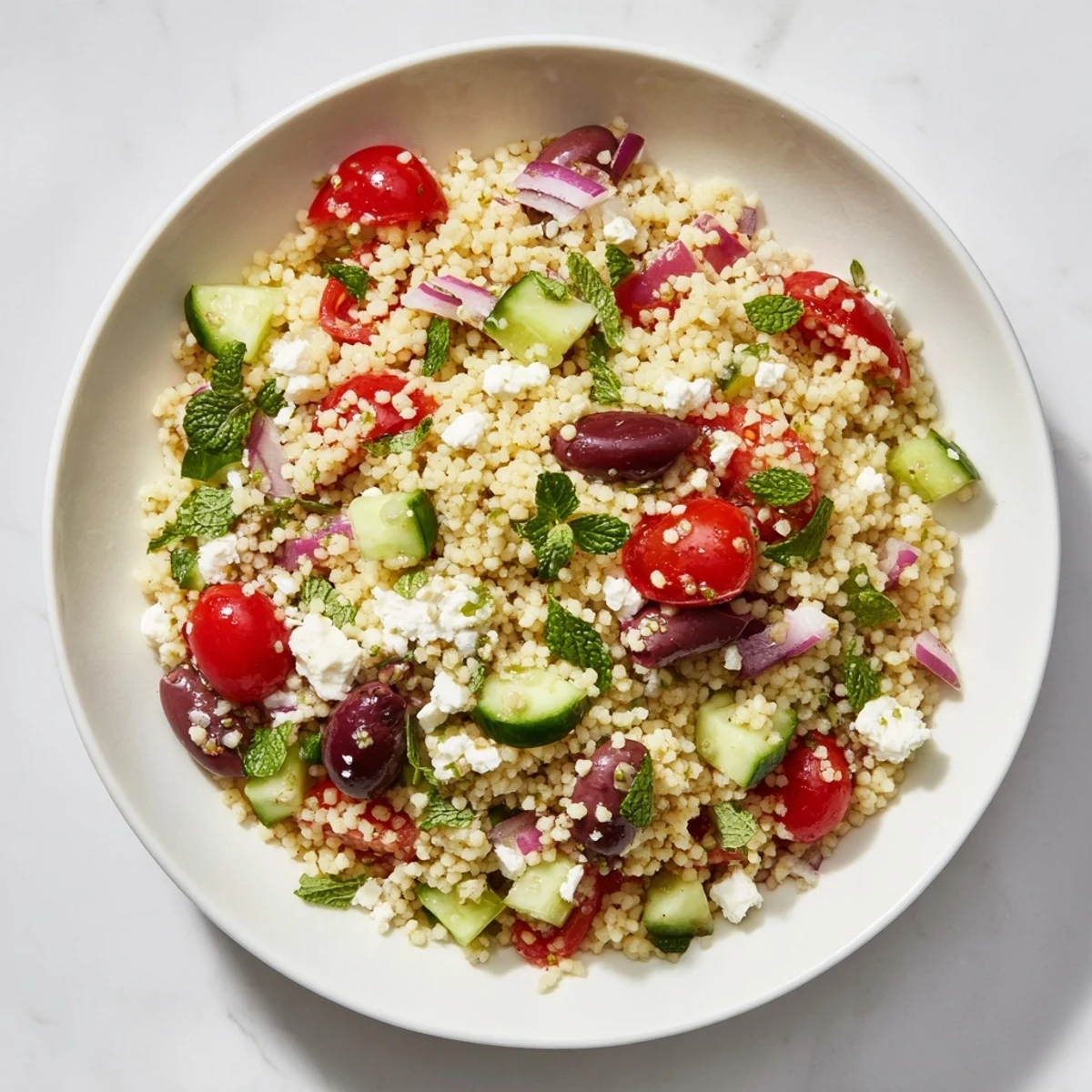 Un bol de Mediterranean Couscous Salad with Vegetables, montrant le couscous moelleux et les légumes croquants avec des herbes fraîches.