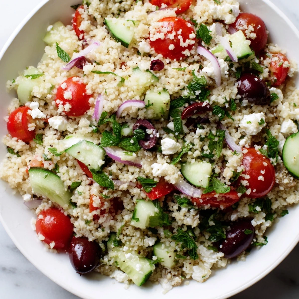 Photo de Mediterranean Couscous Salad with Vegetables, présentée dans un bol blanc avec des tomates cerises et des dés de concombre.