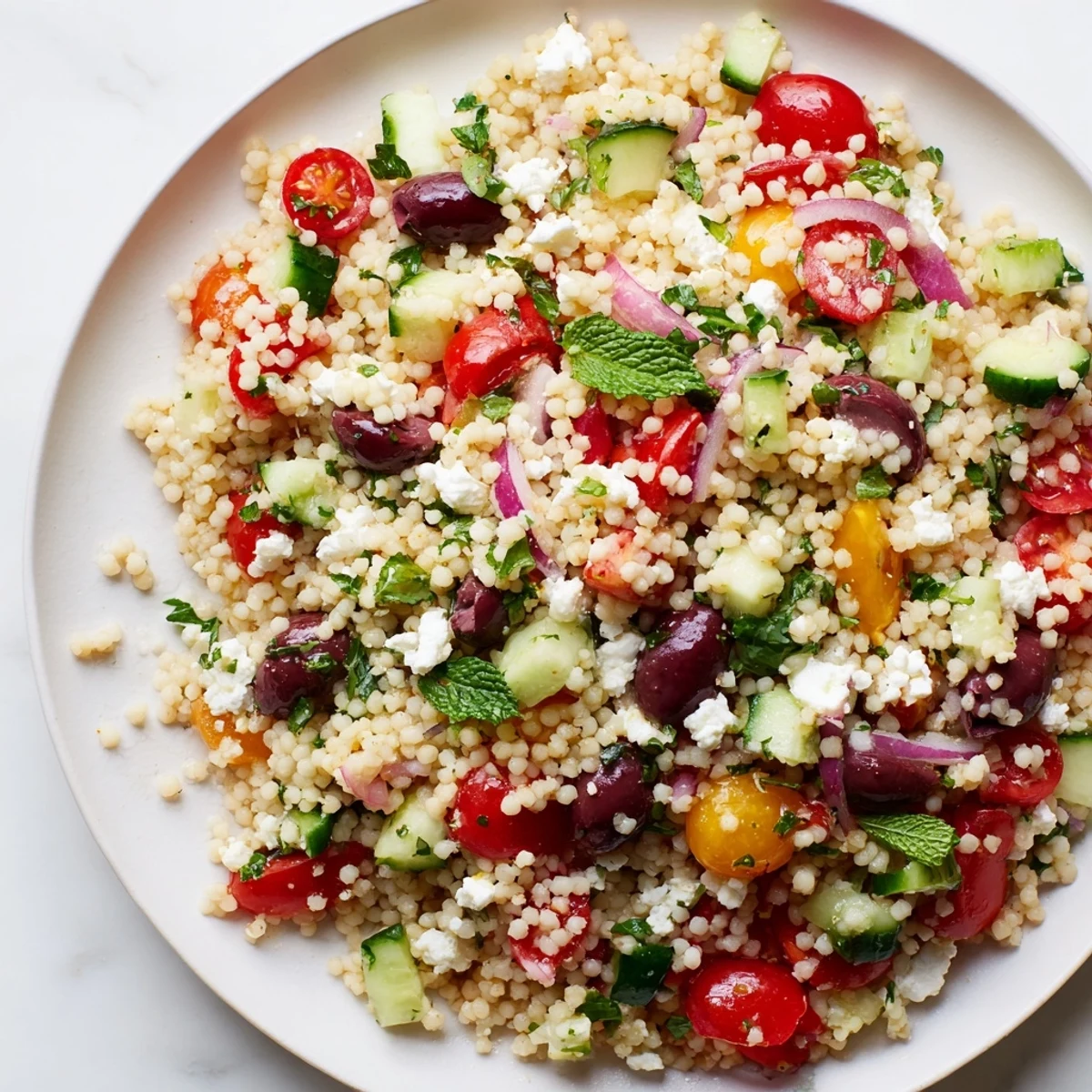 Assiette de Mediterranean Couscous Salad with Vegetables, garnie de feta émiettée et d'une vinaigrette à l'huile d'olive et au citron.