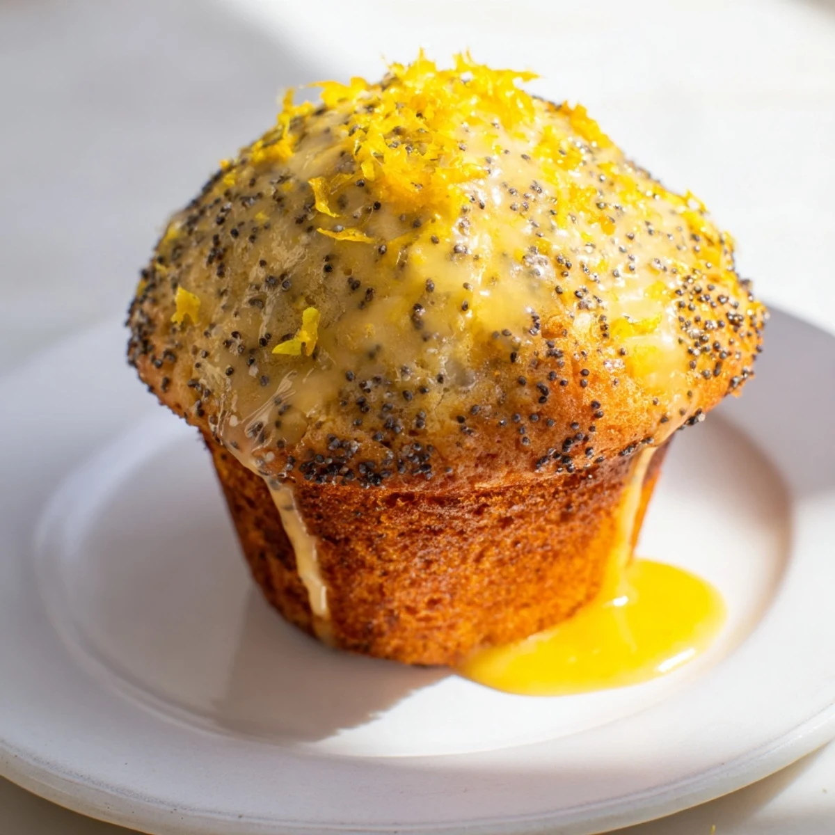 Golden brown Lemon Poppy Seed Muffins with Glaze served on a white plate with lemon slices