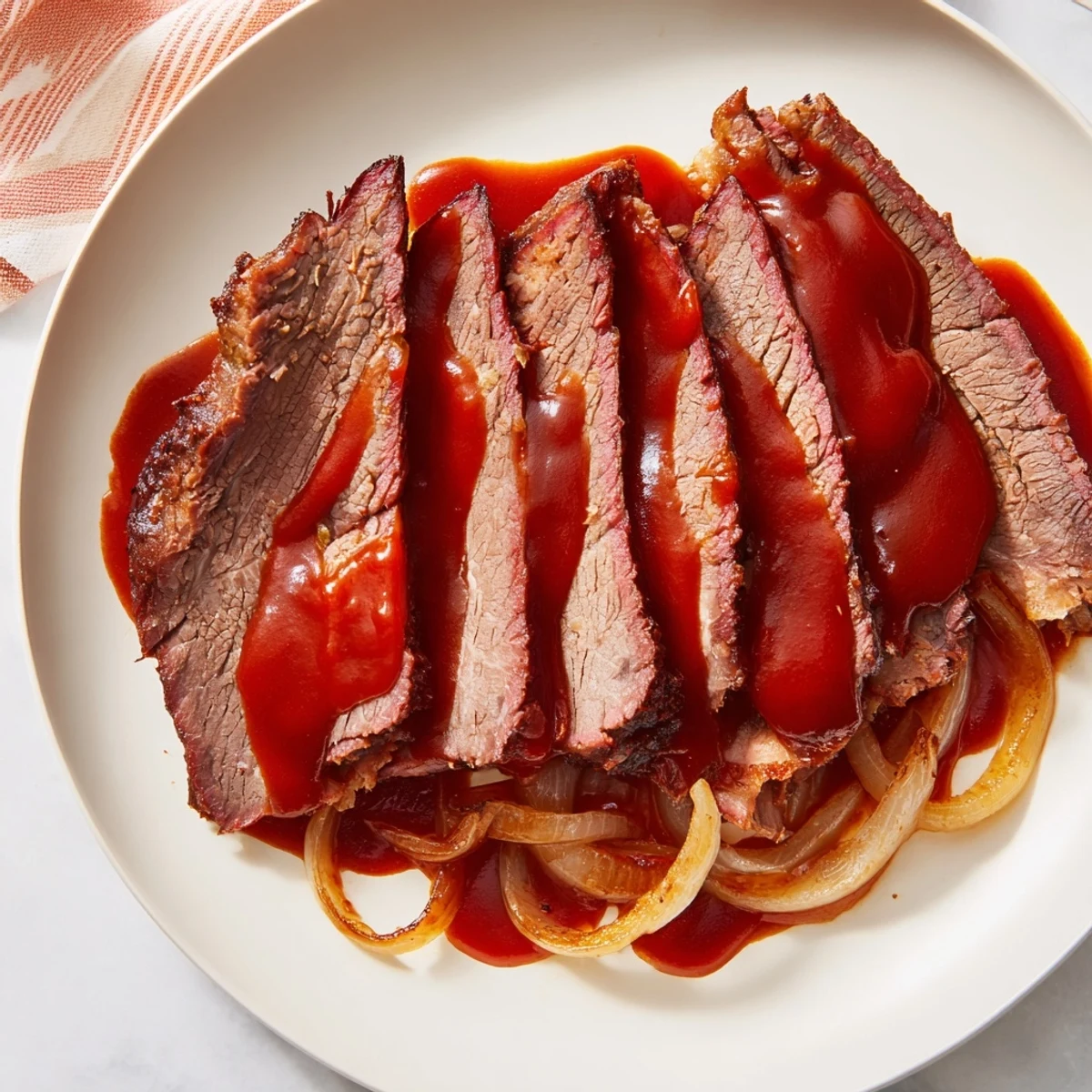 Slow cooked beef brisket with BBQ sauce on a plate beside creamy mashed potatoes and coleslaw, ready for a family meal.