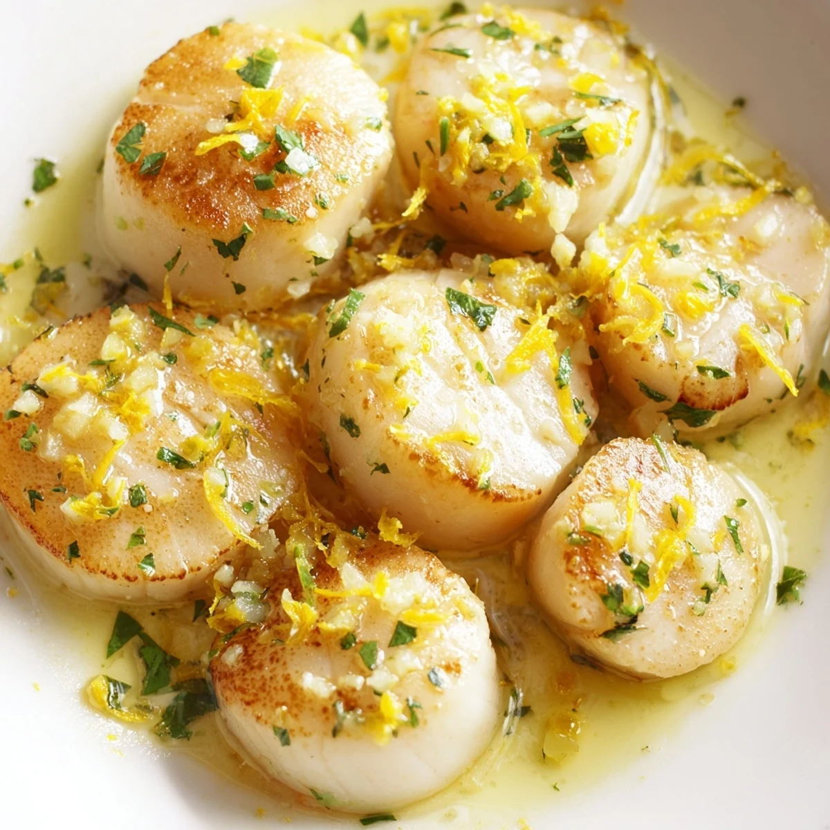 Un assiette de Lemon Garlic Scallops aux scallops dorés nappés de sauce au citron et à l’ail, servie avec un persil frais.