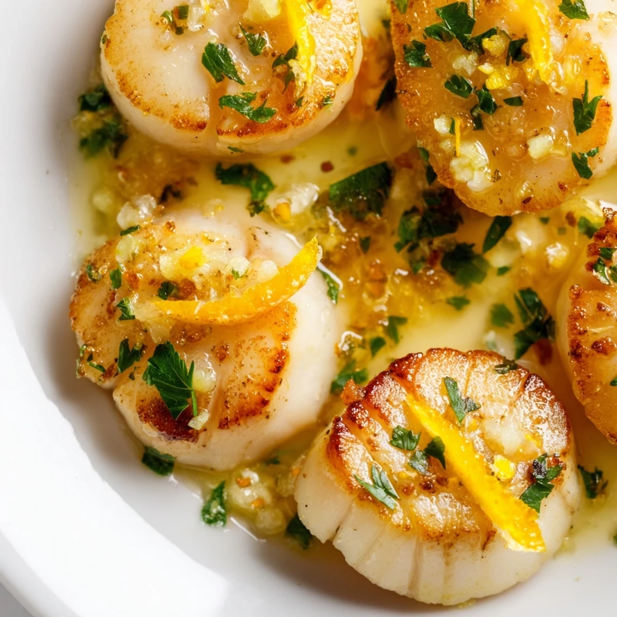Plat principal de Lemon Garlic Scallops aux coquilles Saint-Jacques juteuses, garni de zestes de citron et d’un pincement de poivre rouge.