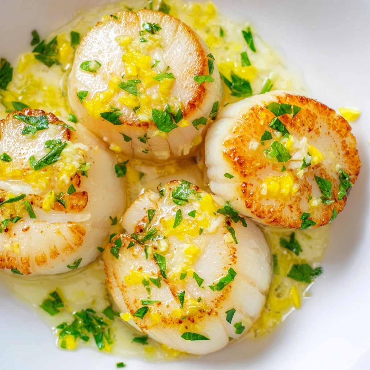 Ces Lemon Garlic Scallops marinés dans une sauce citron-ail crémeuse sont présentés sur un fond sombre avec du pain croustillant.