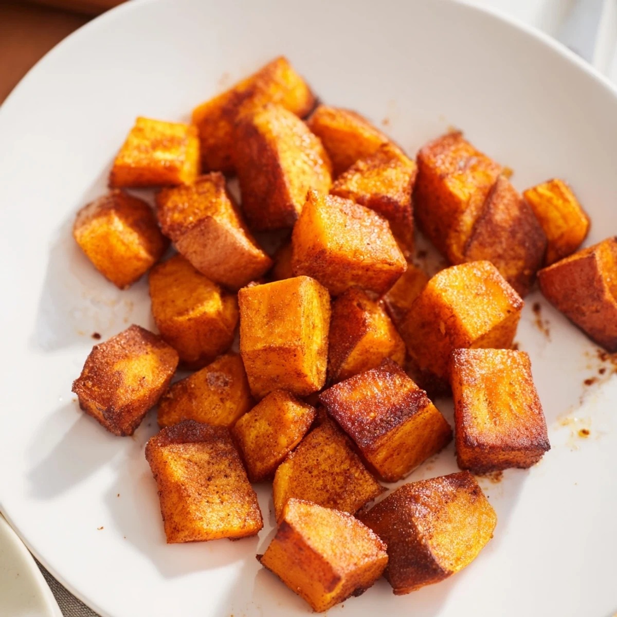 Golden cubes of Roasted Sweet Potatoes with Cinnamon glistening with olive oil on a baking sheet, ready to serve.