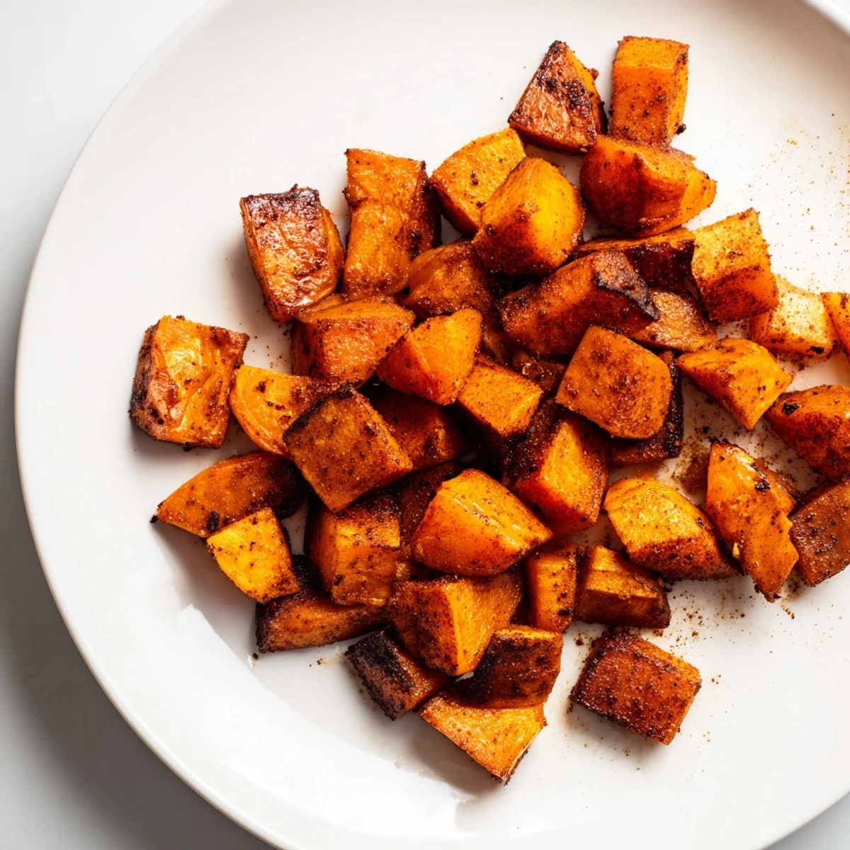 A rustic platter of Roasted Sweet Potatoes with Cinnamon, garnished with fresh herbs, served alongside roasted chicken.
