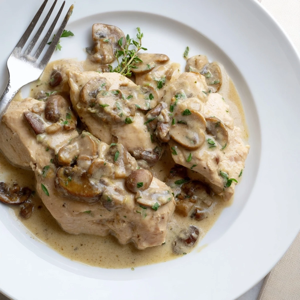 Le plat fini "Creamy Mushroom Chicken Skillet" fume doucement, révélant une sauce onctueuse aux aiguilles de thym et des champignons brunis parfumés à l'ail.