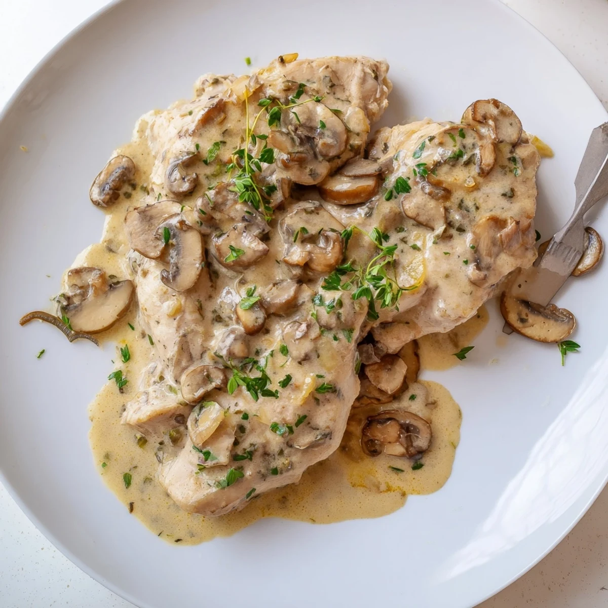 Une assiette de service présentant le plat principal "Creamy Mushroom Chicken Skillet", accompagnée de pommes de terre écrasées et saupoudrée de persil frais pour un repas confortable.