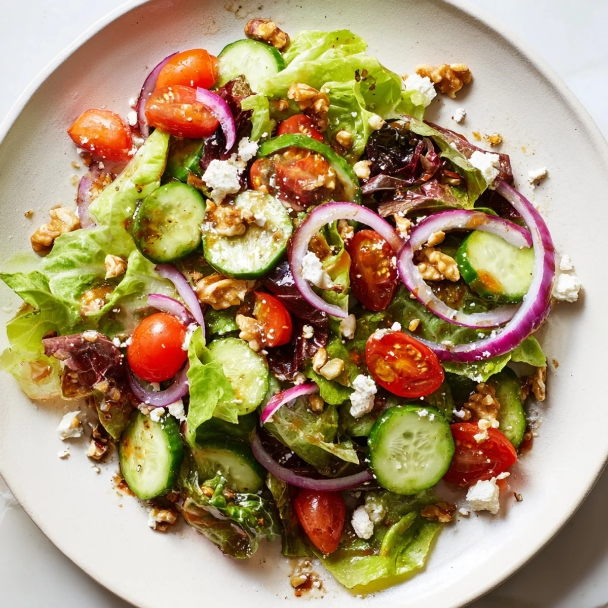 This Spring Mix Salad with Vinaigrette is tossed in a glass bowl, highlighting glossy greens, red onion slices, and a honey Dijon drizzle.