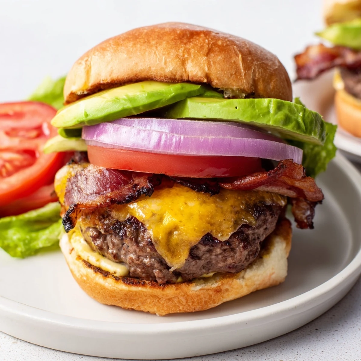 Un burger au bœuf avec avocat et bacon de bœuf, garni de tranches d'avocat crémeux sur un pain grillé doré.