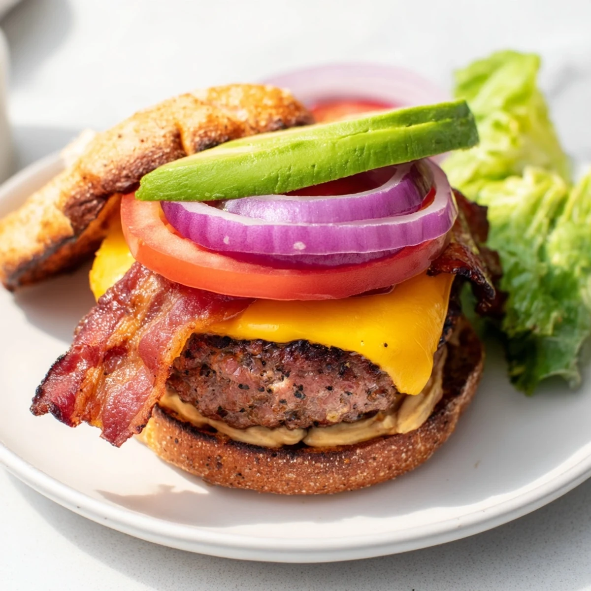 Gros plan sur un burger au bœuf avec avocat et bacon de bœuf, accompagné de frites et d'une boisson fraîche.