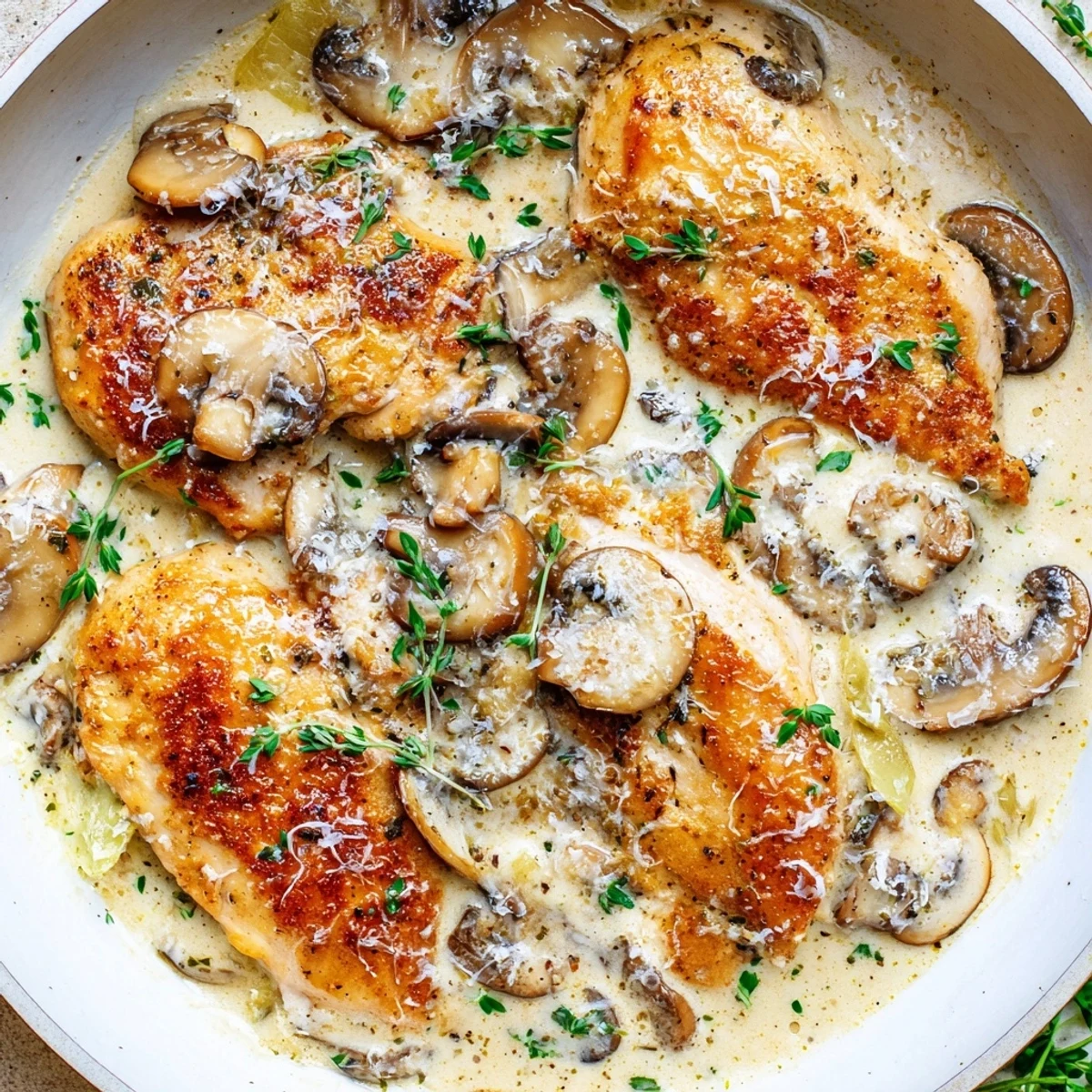 Une poêle Cremy Mushroom Chicken Skillet avec poulet doré et sauce crémeuse à l'ail
