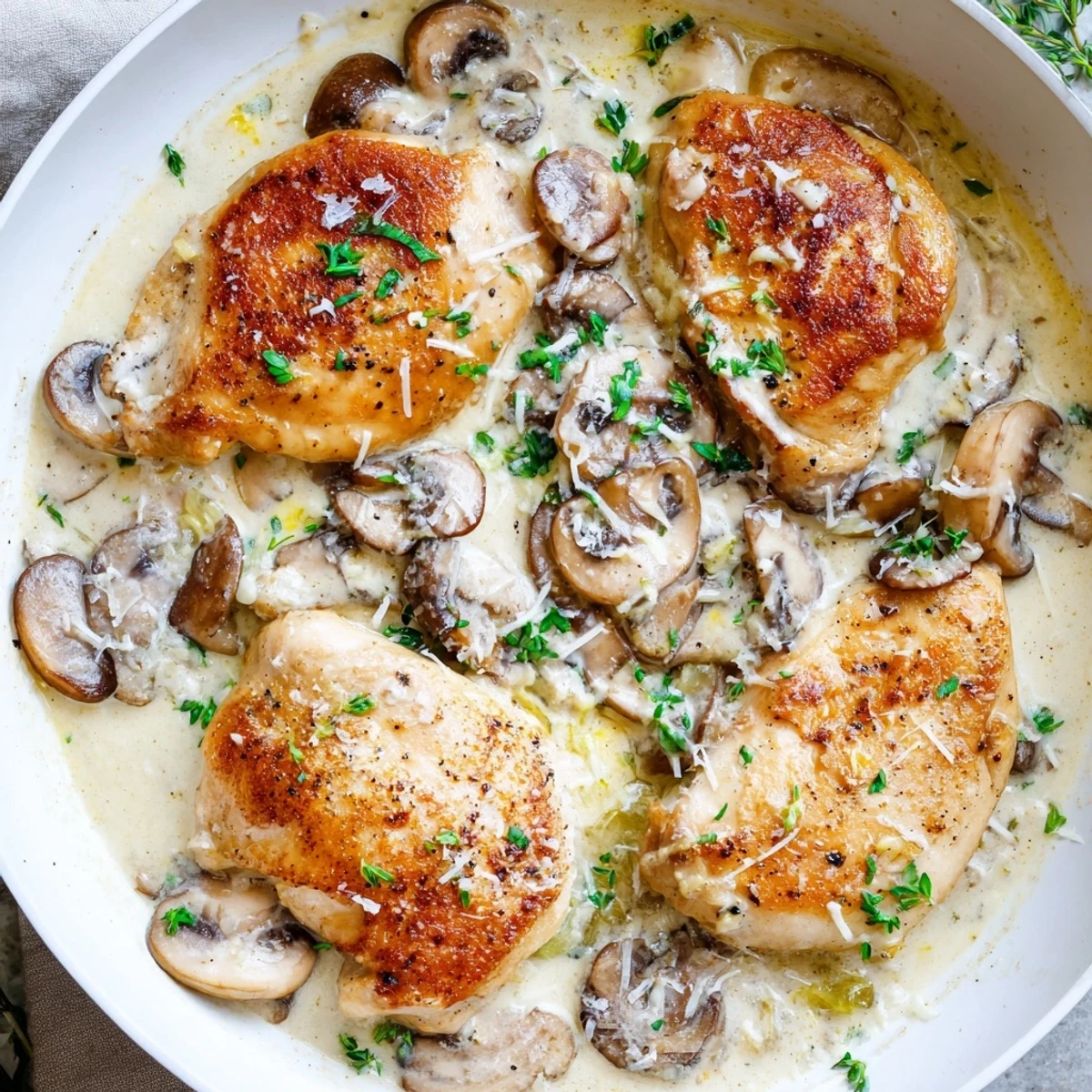 Mets riche Cremy Mushroom Chicken Skillet accompagné de riz et haricots verts fondants