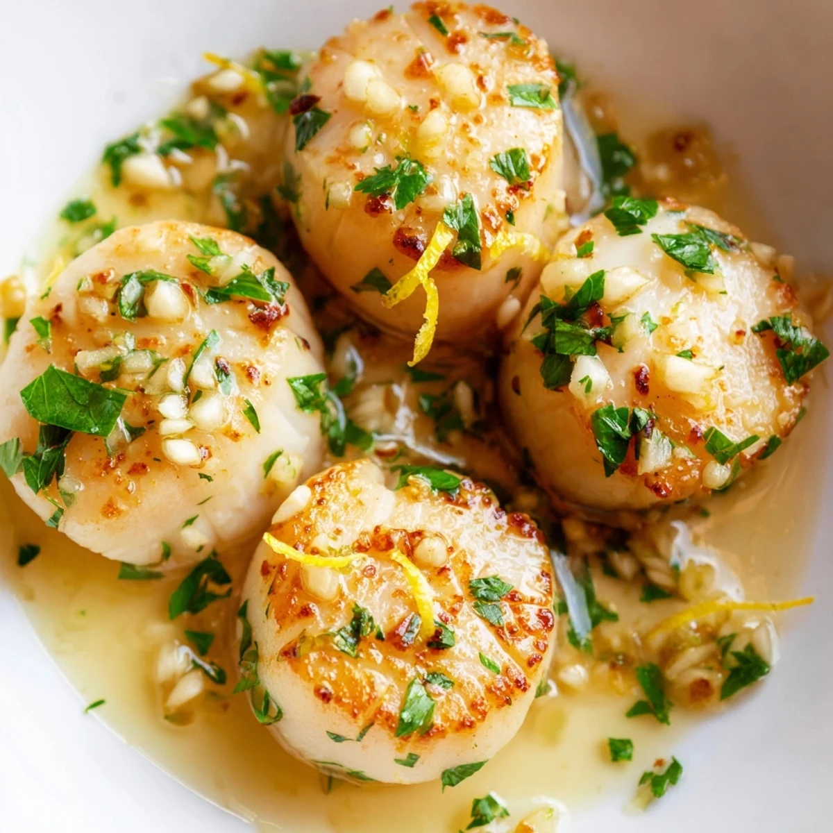 Golden pan-seared Lemon Garlic Scallops with Parsley on a plate, garnished with fresh herbs and lemon zest.