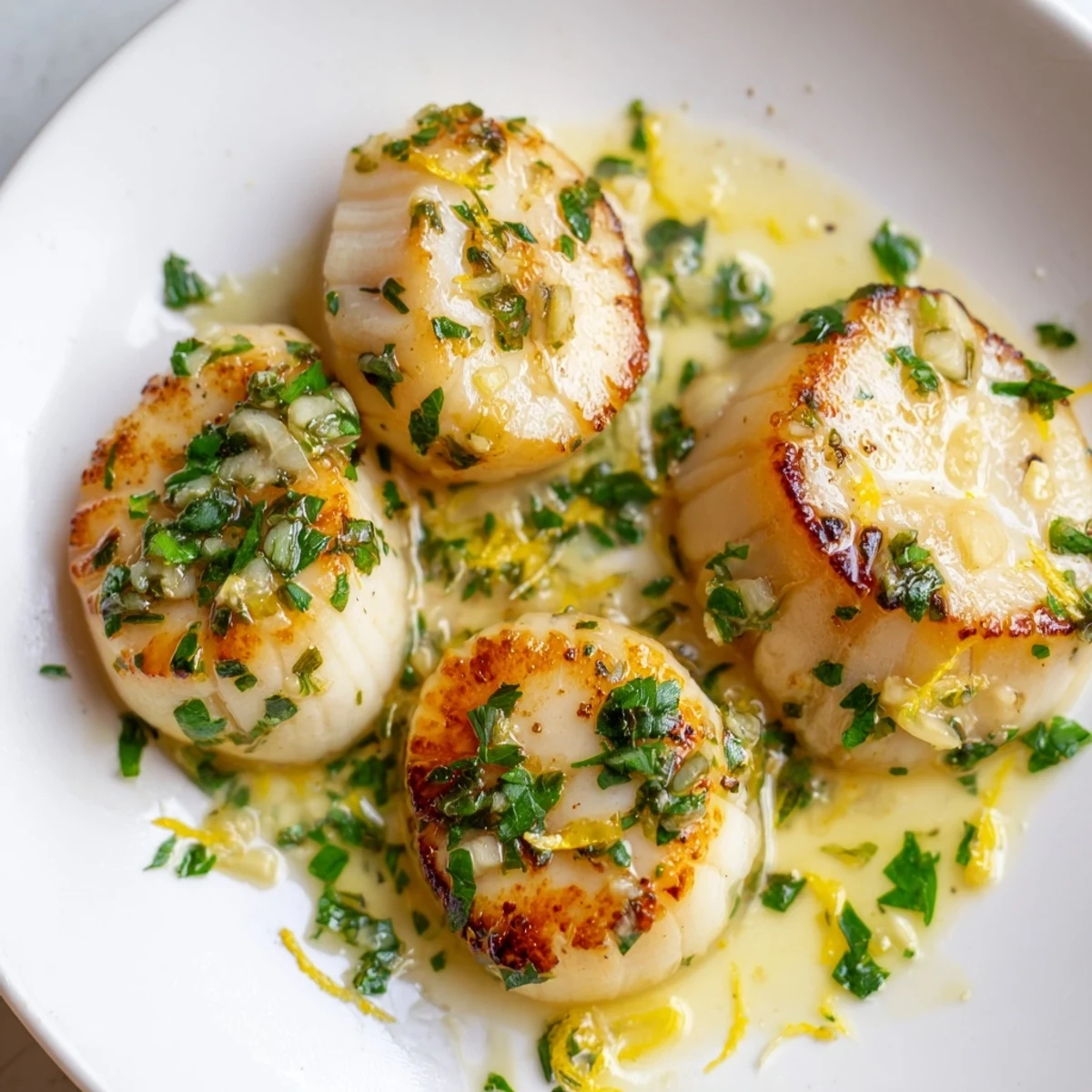 Delicious Lemon Garlic Scallops with Parsley presented with crusty bread, soaking up the bright, buttery pan sauce.