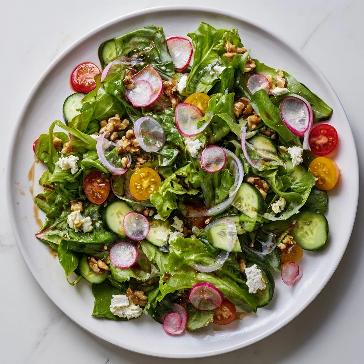 Spring Mix Salad with Balsamic Vinaigrette served fresh on a white plate, topped with walnuts and crumbled feta for a crunchy bite.