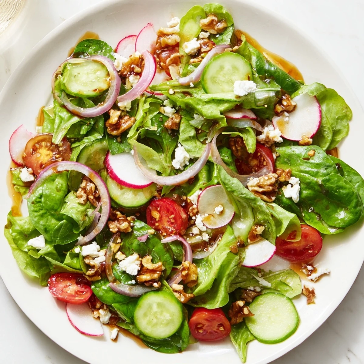 Overhead view of Spring Mix Salad with Balsamic Vinaigrette, featuring cherry tomatoes, cucumber, and radishes tossed in a glossy dressing.