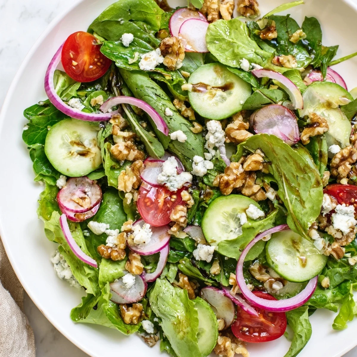 Fresh Spring Mix Salad with Balsamic Vinaigrette plated beside a glass of white wine, perfect for a light vegetarian lunch.