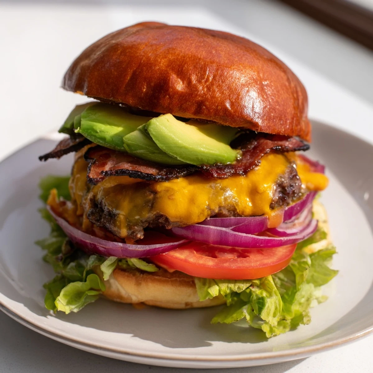 Un gros plan sur un Beef Burger with Avocado and Beef Bacon, avec un pain brioché doré et des tranches d'avocat crémeuses.