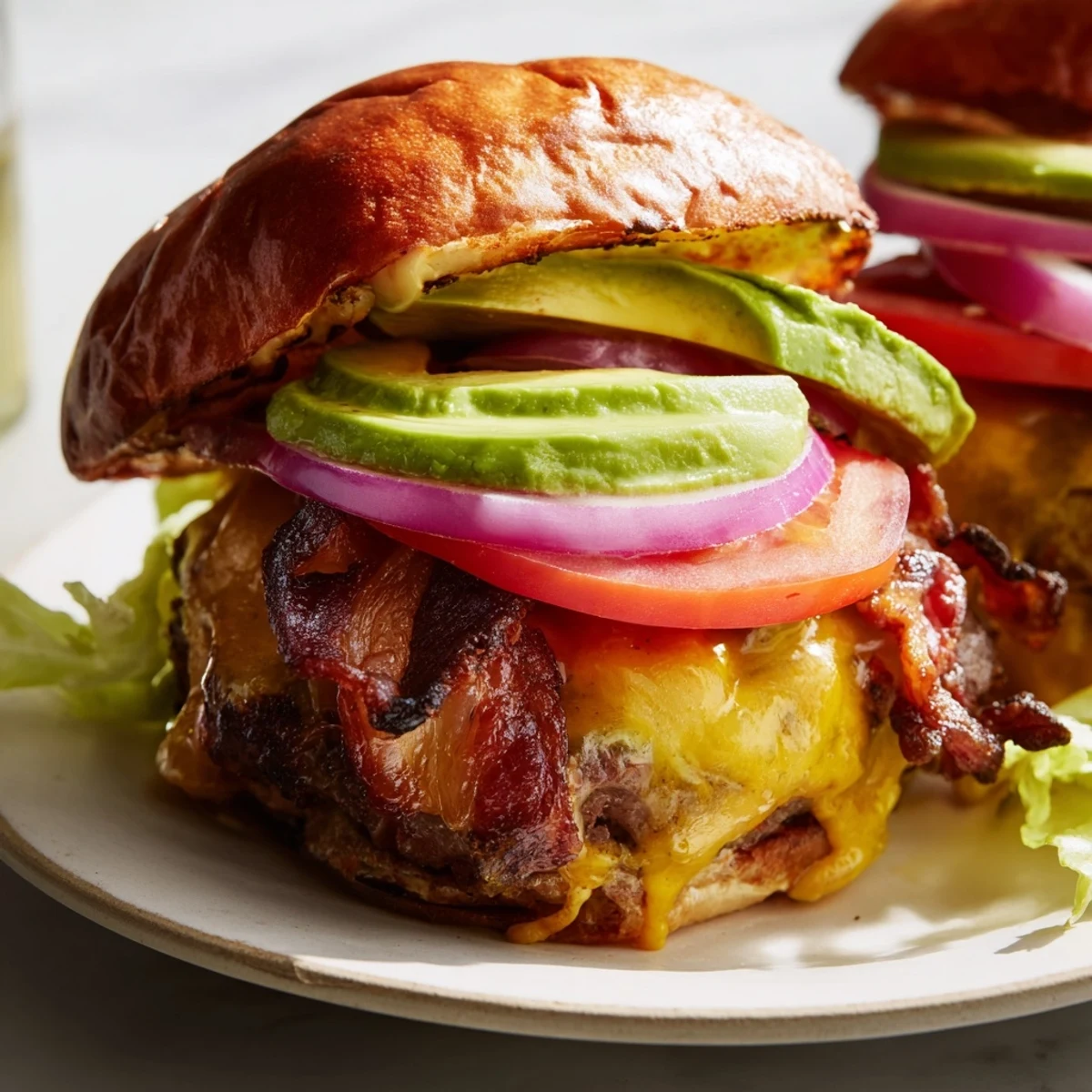 Assiette présentée avec un Beef Burger with Avocado and Beef Bacon, accompagnée de frites et d'une bière blonde.