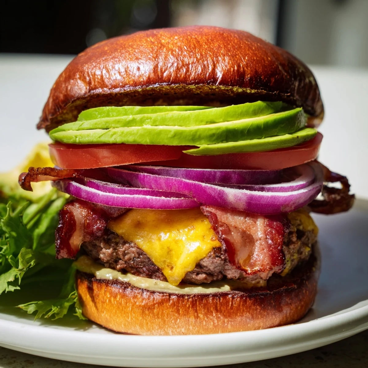 En gros plan, un Beef Burger with Avocado and Beef Bacon révélant une chair de bœuf juteuse et du bacon croustillant.