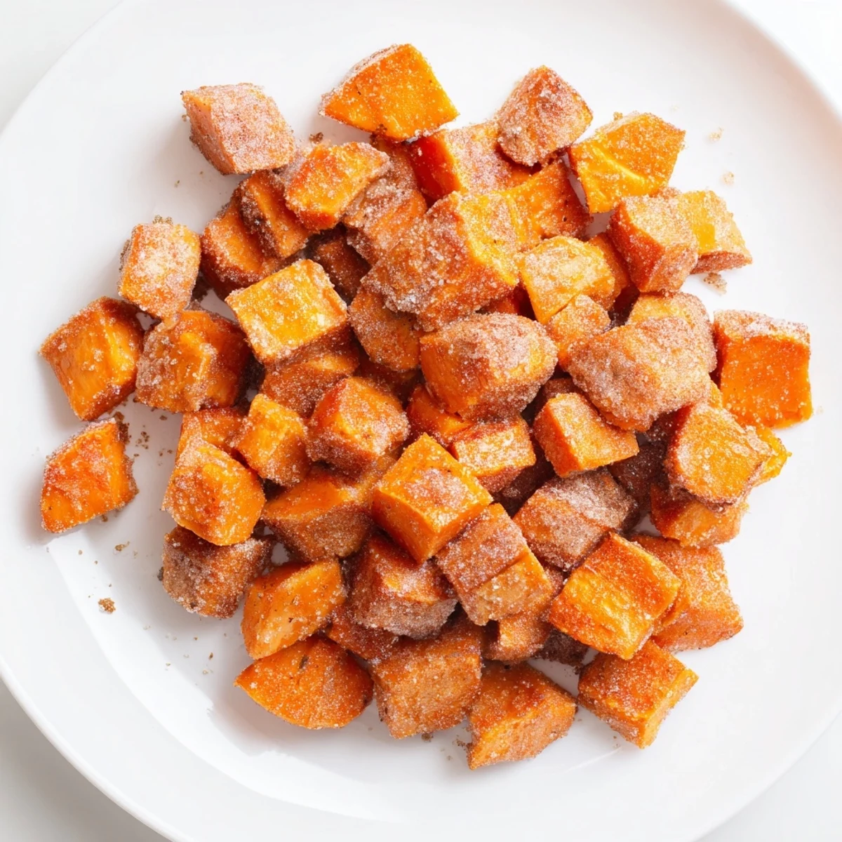 Un plat de Roasted Sweet Potatoes with Cinnamon Sugar doré et caramélisé sortant du four, fumant légèrement.