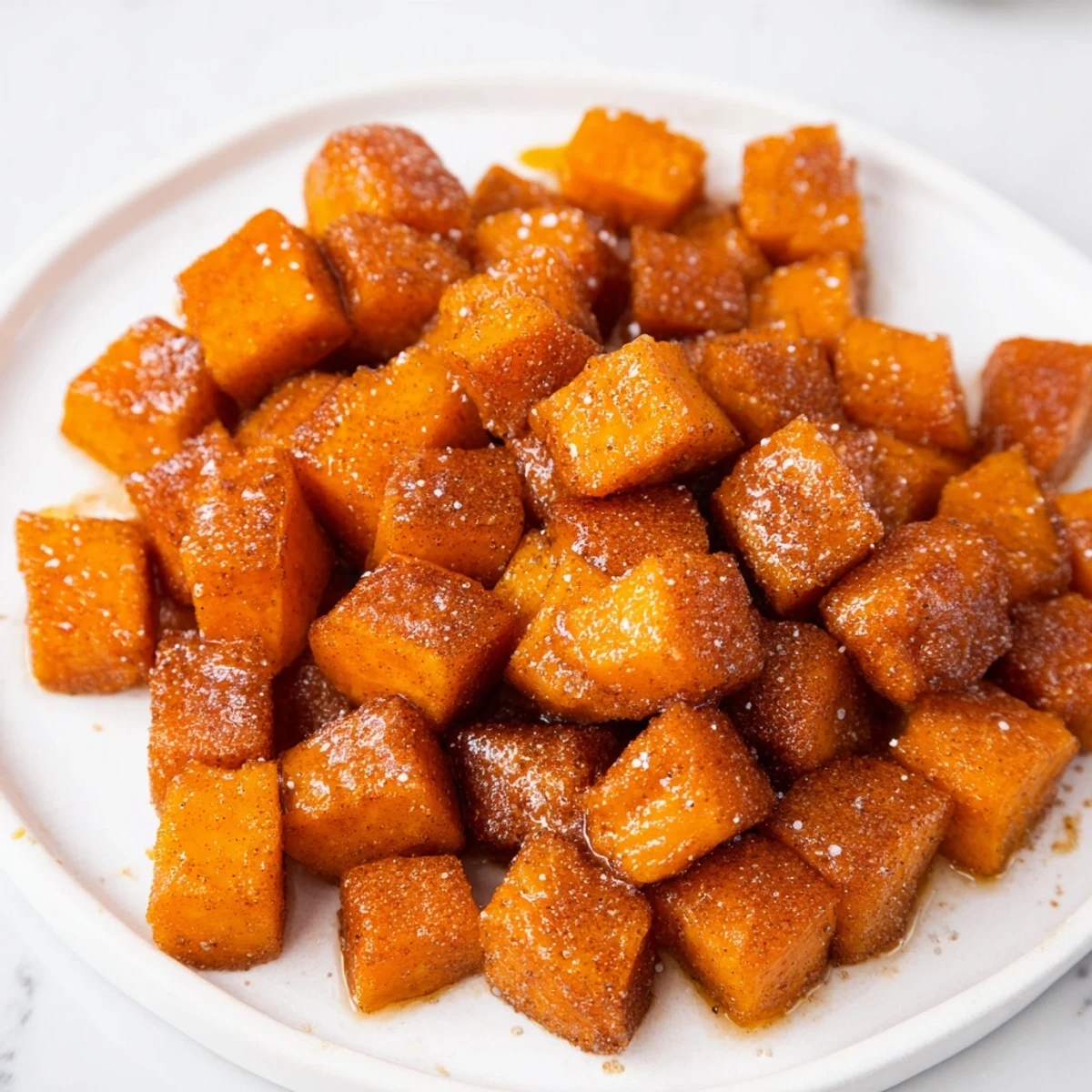 Une photo des Roasted Sweet Potatoes with Cinnamon Sugar dorés et tendres, disposés en une seule couche sur une plaque de cuisson.