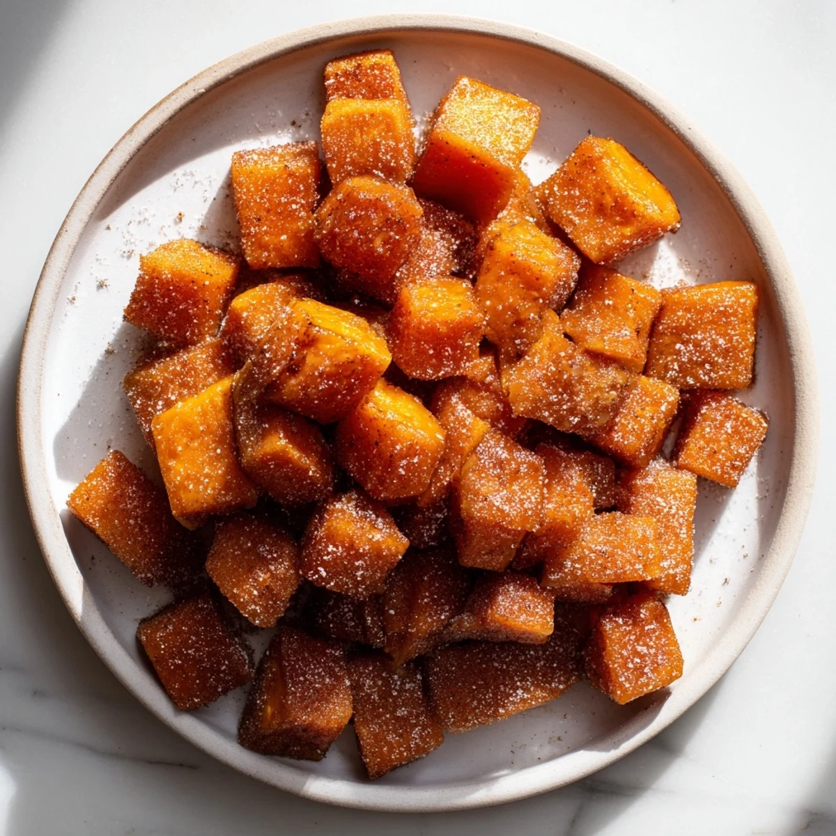 Des Roasted Sweet Potatoes with Cinnamon Sugar chauds et parfumés, servis en accompagnement avec une texture extérieure légèrement croustillante.