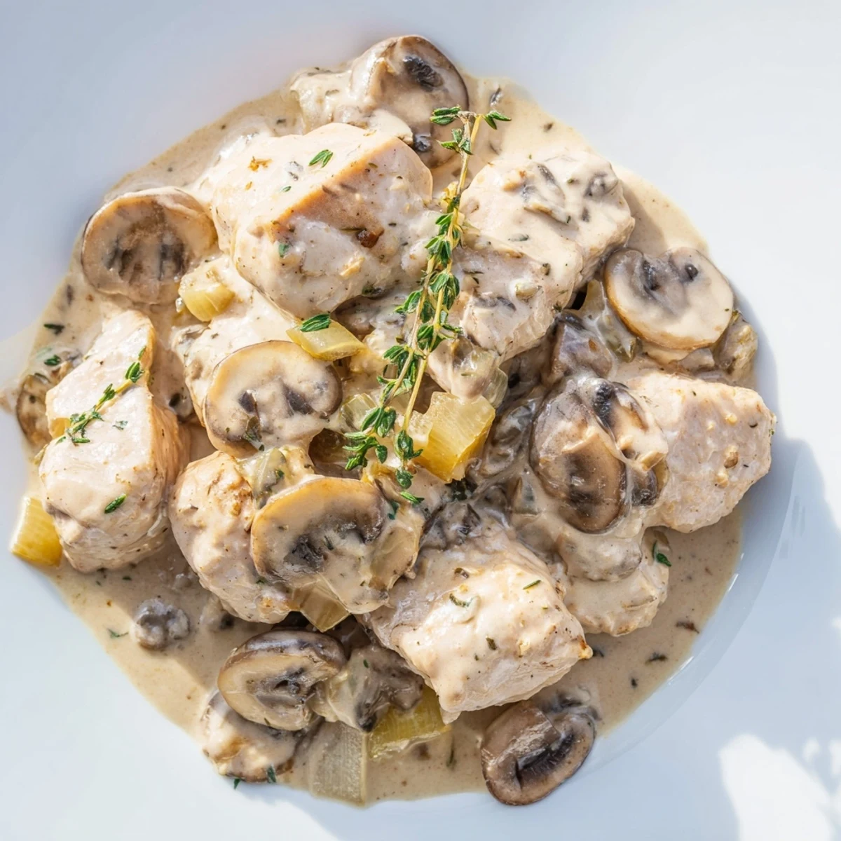 Plat principal du Creamy Mushroom Chicken Skillet baignant dans une sauce crémeuse à l'ail.