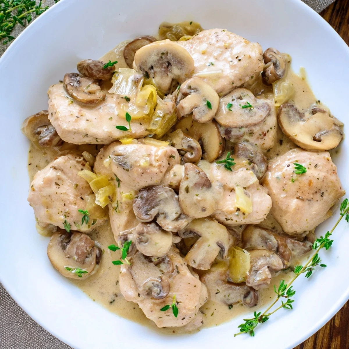 Assiette de Creamy Mushroom Chicken Skillet garnie de champignons dorés et de thym frais.