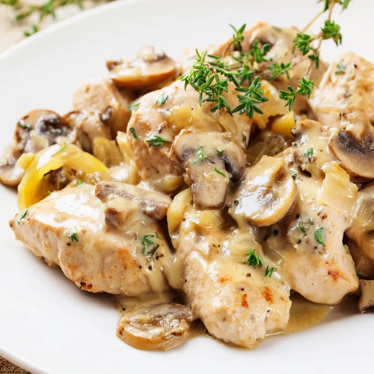 Le Creamy Mushroom Chicken Skillet servi fumant dans une poêle, prêt à être dégusté.