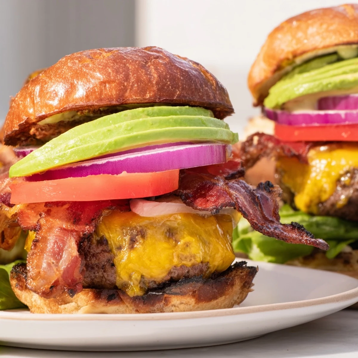 Un burger au bœuf avec avocat et bacon de bœuf sur un lit de salade croquante.