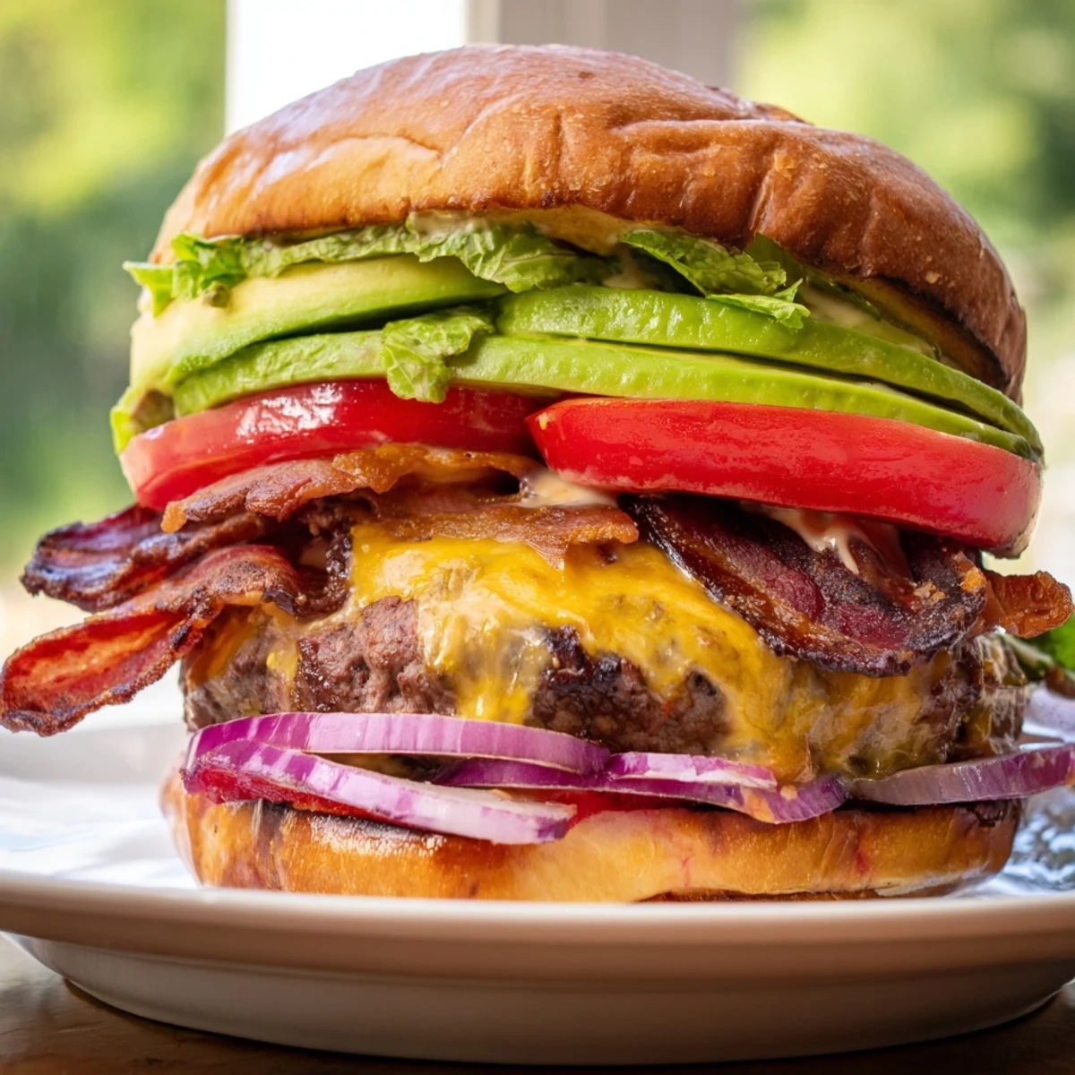 Un burger au bœuf avec avocat et bacon de bœuf dans un pain brioché au fromage fondu.