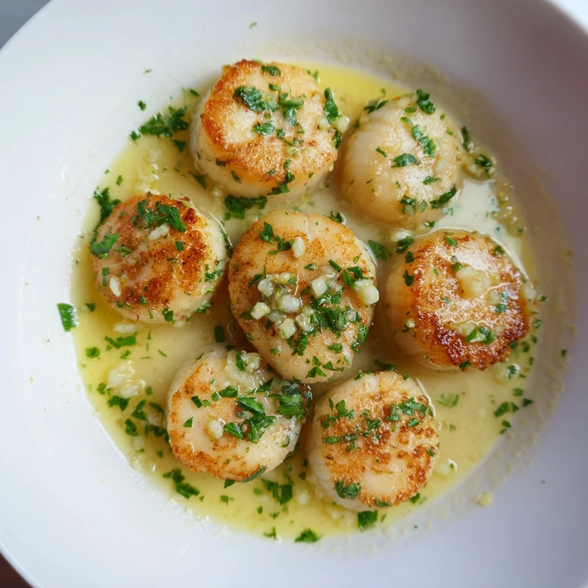 Filets de scallops juteux et parfumés, servis tièdes avec du pain croustillant et des zestes de citron sur le plat.