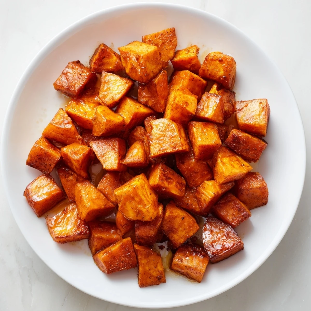 Des pommes de terre dorées au four, légèrement caramélisées et relevées de cannelle sur un plat de service. Roasted Sweet Potatoes with Cinnamon.