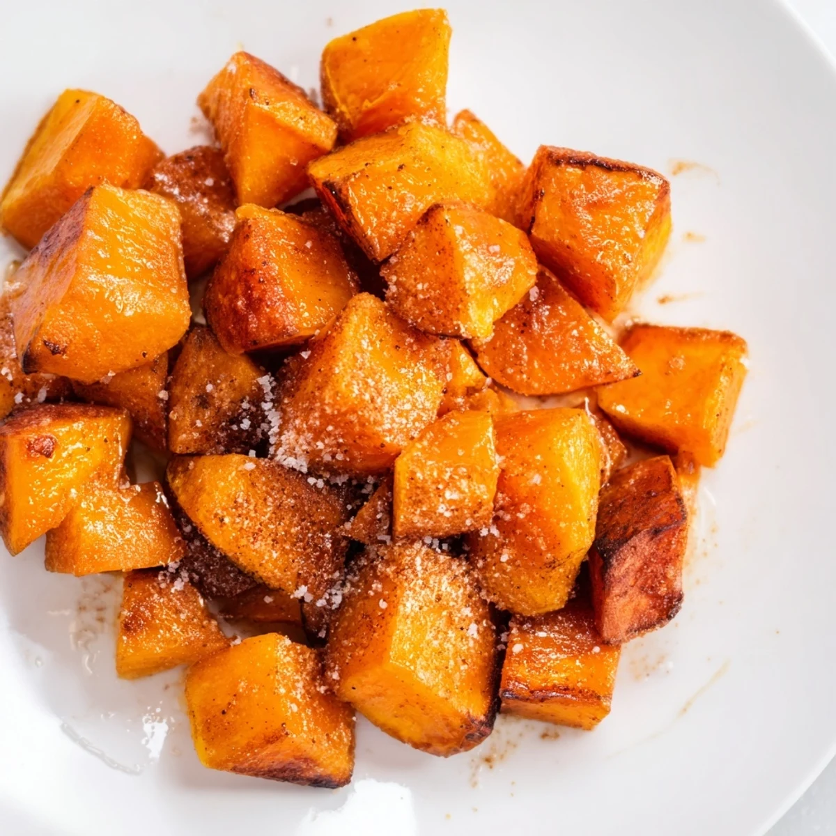 Roasted Sweet Potatoes with Cinnamon sortant du four, cubes tendres avec des reflets dorés et une texture caramélisée. Parfait pour une soirée d'automne.