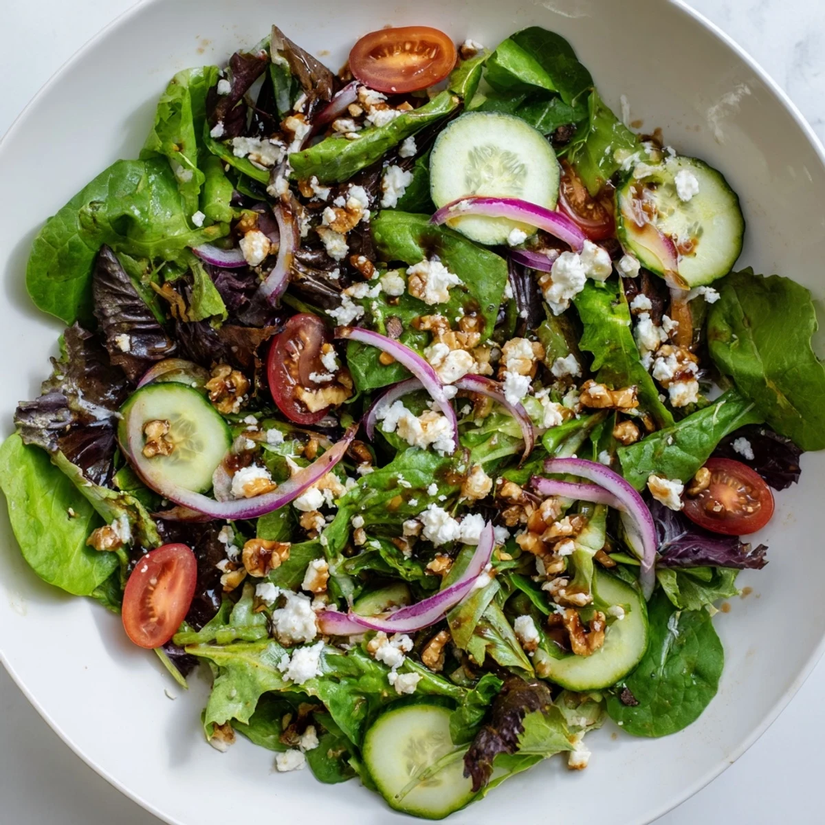 Salade printanière avec vinaigrette, cubes de concombre frais et oignon rouge émincé sur fond de roquette