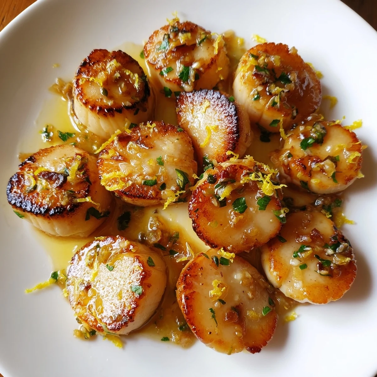 Assiette élégante de scallops au citron et à l’ail, dorés à la poêle et nappés d’un beurre parfumé aux herbes.