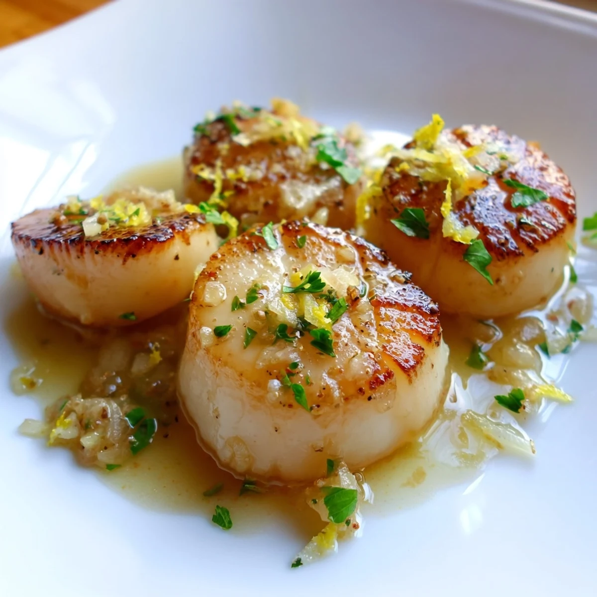 Filets de scallops en coquilles, nacrés et juteux, posés sur une assiette blanche avec une sauce au citron et à l’ail brillante.