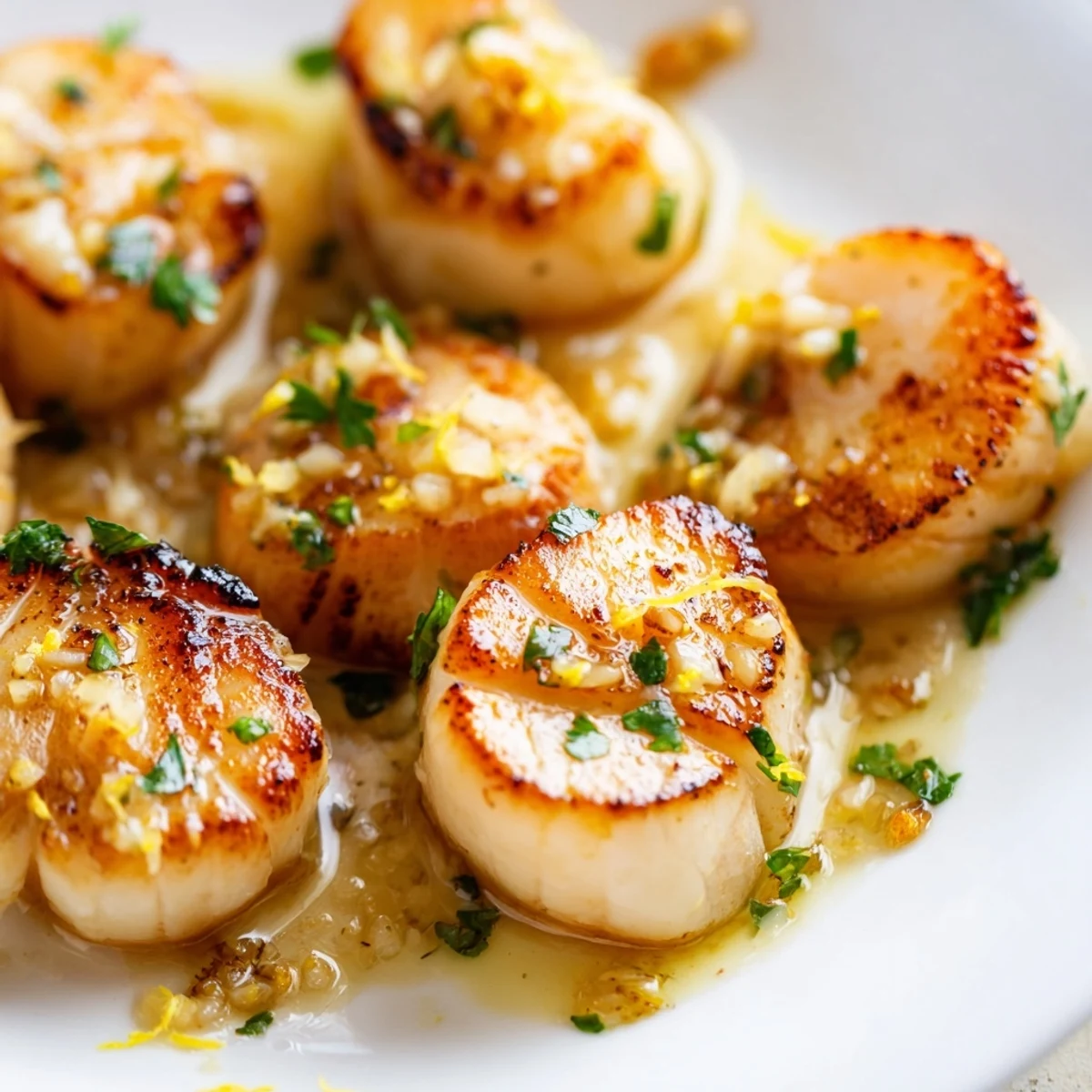 Scallops au citron et à l’ail sur un lit de risotto crémeux, garnis de persil frais et d’un filet de jus doré.