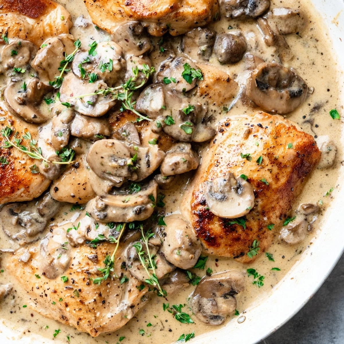 Creamy Mushroom Chicken Skillet simmering in a rich, creamy mushroom sauce with garlic and fresh thyme