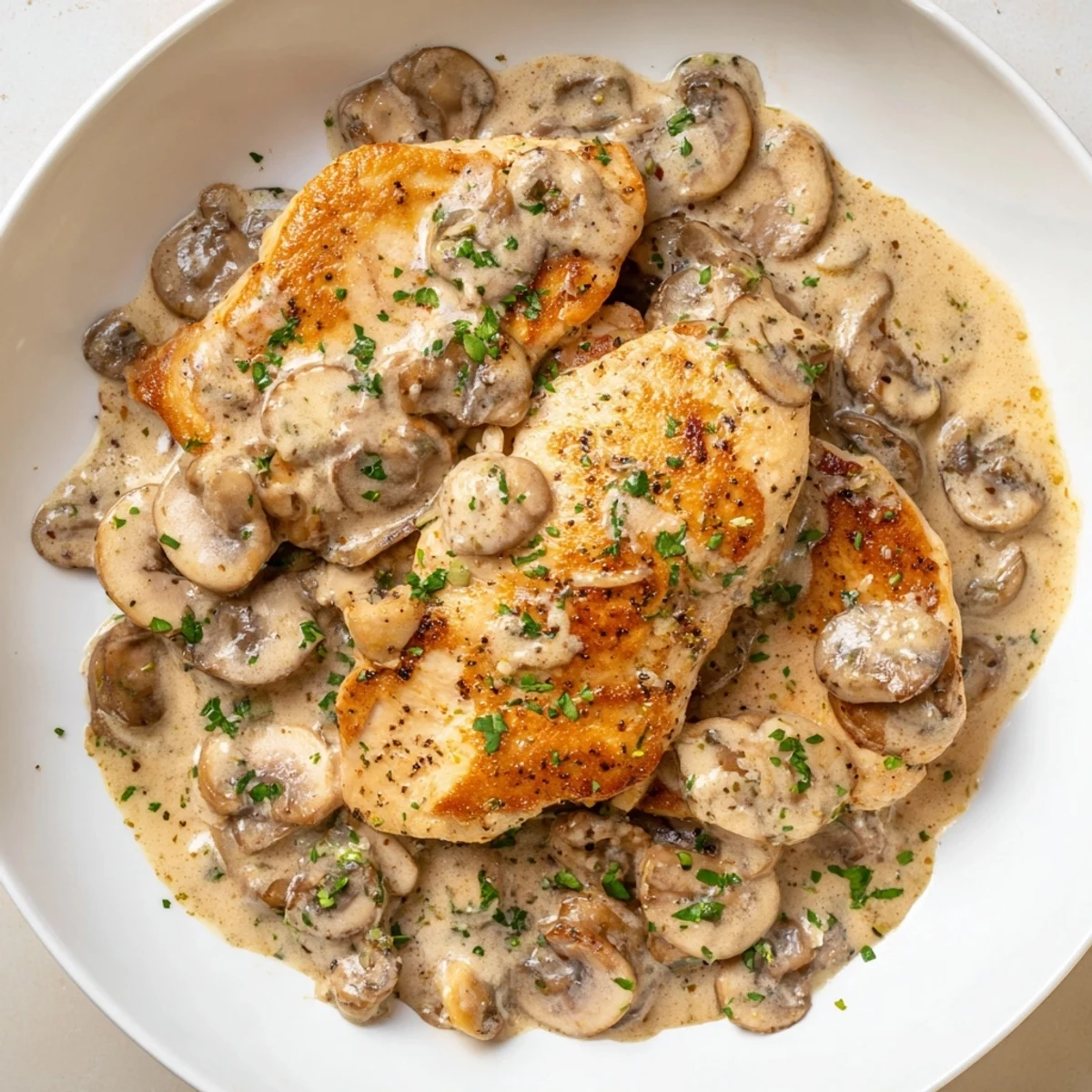 Golden chicken and sautéed mushrooms in the Creamy Mushroom Chicken Skillet glowing with a savory cream sauce