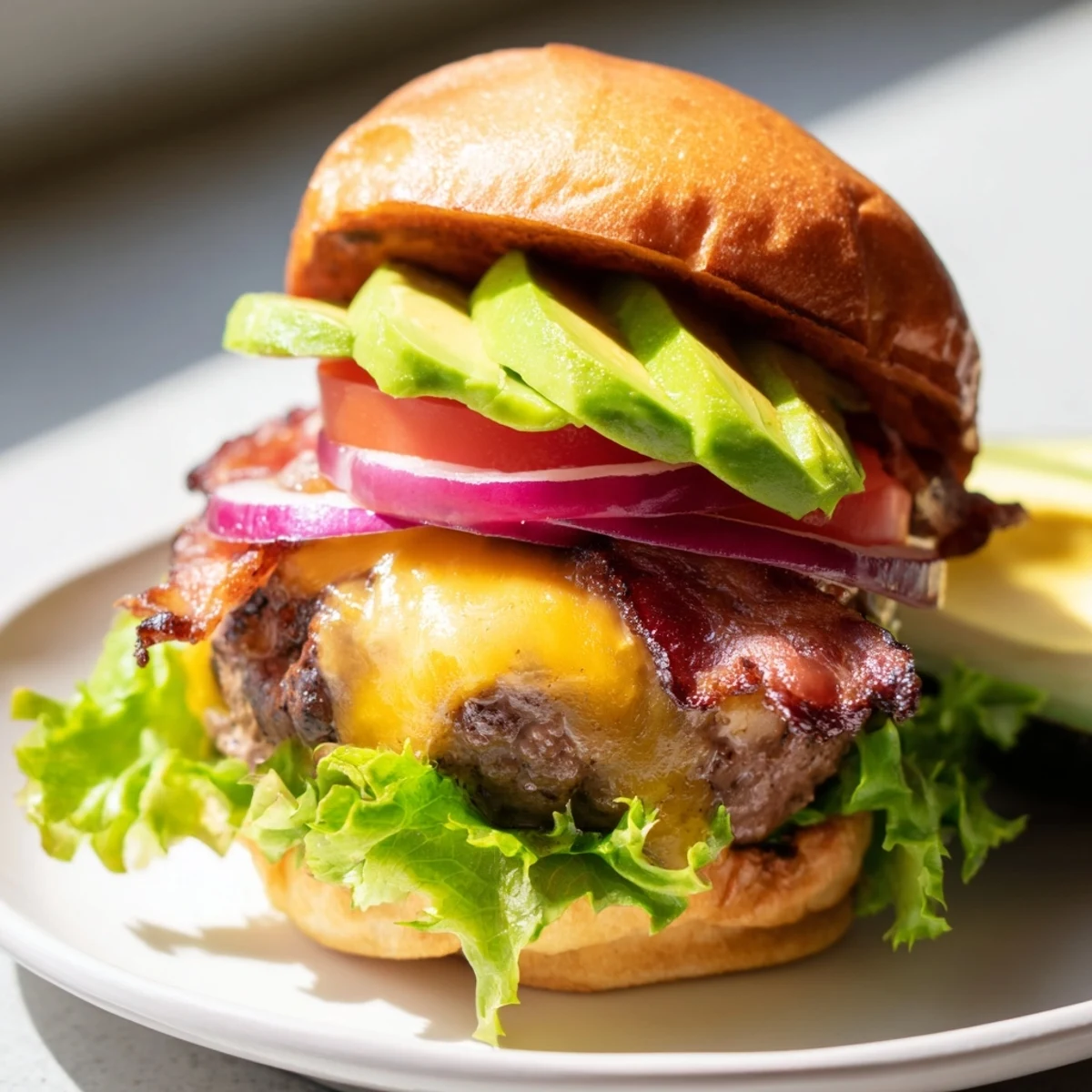 Une burger bœuf avec avocat et bacon de bœuf posé sur un pain grillé doré avec tranches d'oignon rouge et tomate
