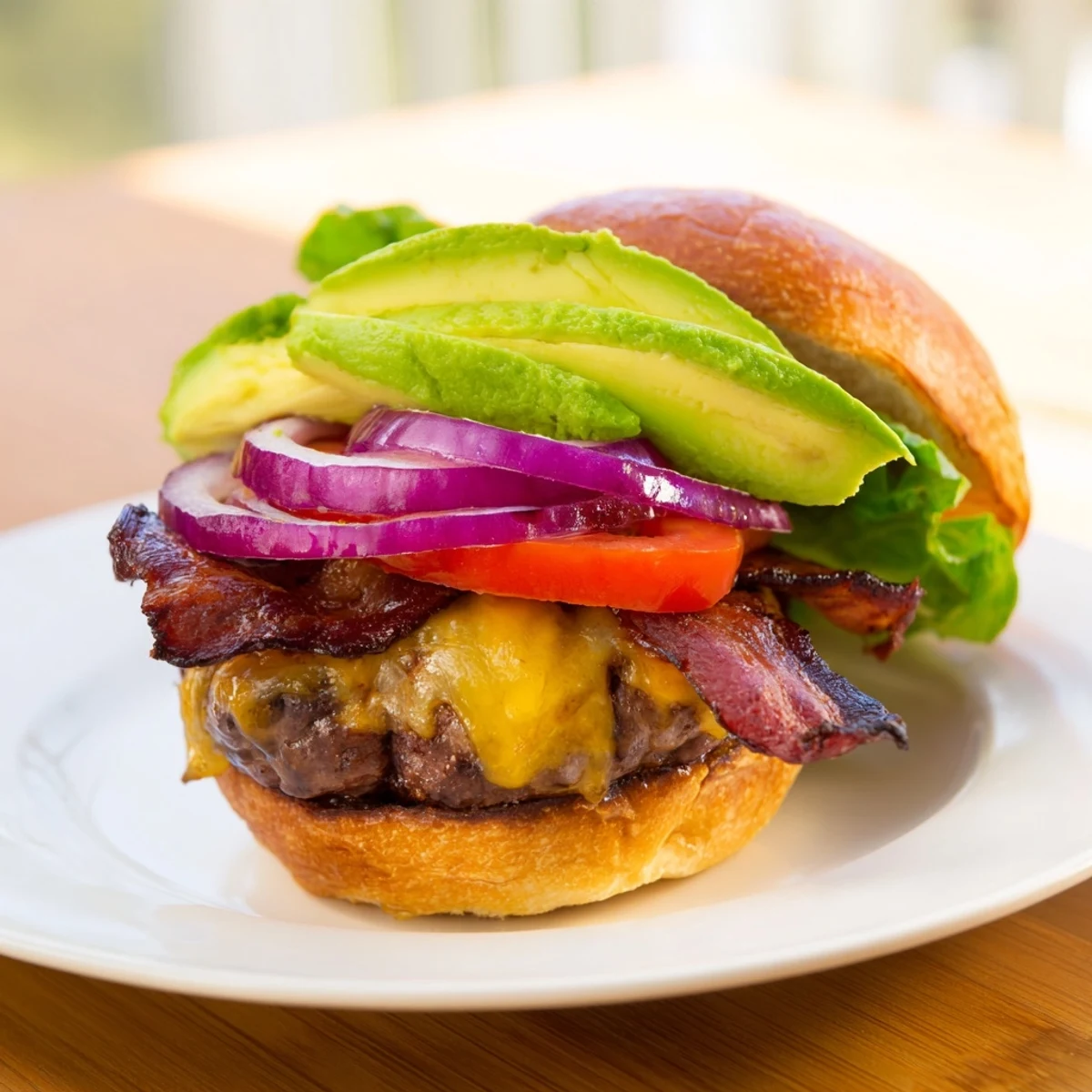 Un burger bœuf avec avocat et bacon de bœuf présenté sur assiette avec feuilles de laitue croquante et sauce ketchup moutarde