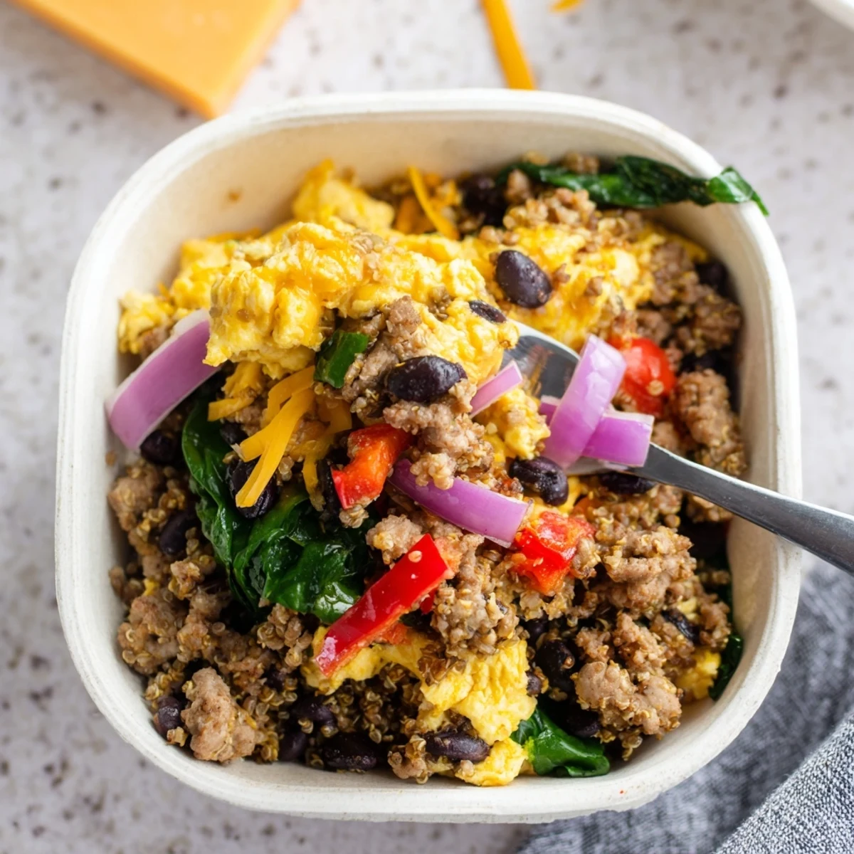 Protein packed breakfast bowl topped with scrambled eggs, bell peppers, spinach, and shredded cheese ready for freezing