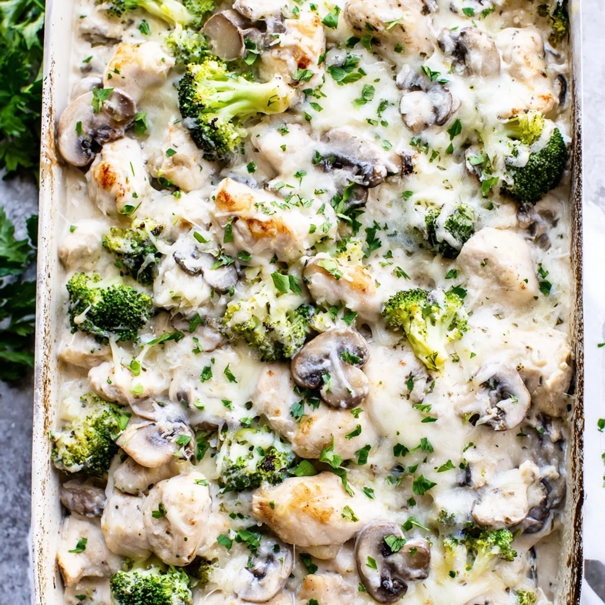 Creamy baked chicken casserole with tender broccoli mushrooms in bubbling cheese sauce
